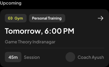 Game Theory app design showing an upcoming training session with sample details